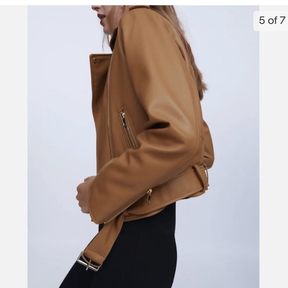 Zara bloggers favourite Women Faux Leather Biker Jacket Light Camel Size L - Picture 2 of 15